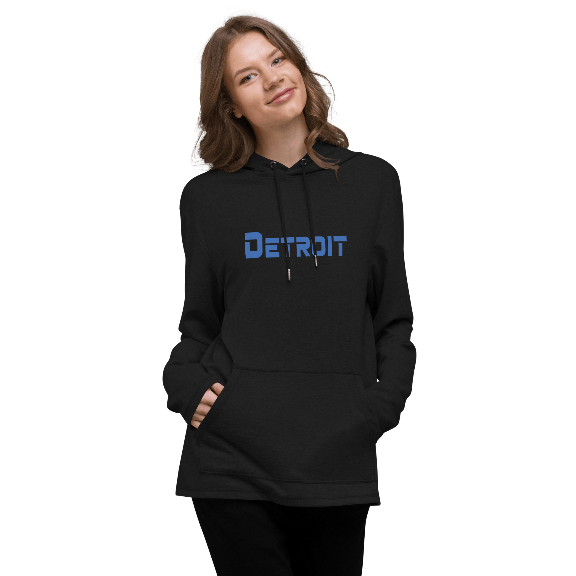 'Detroit' Lightweight Hoodie (Blue 1980s Sci-Fi Font) | Unisex - Circumspice Michigan