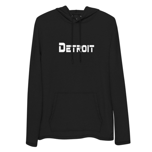 'Detroit' Lightweight Hoodie (White/Navy 1980s Sci-Fi Font) | Unisex - Circumspice Michigan