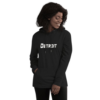 'Detroit' Lightweight Hoodie (White/Navy 1980s Sci-Fi Font) | Unisex - Circumspice Michigan