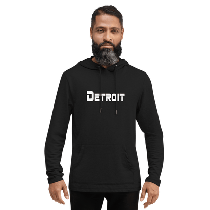 'Detroit' Lightweight Hoodie (White/Navy 1980s Sci-Fi Font) | Unisex - Circumspice Michigan