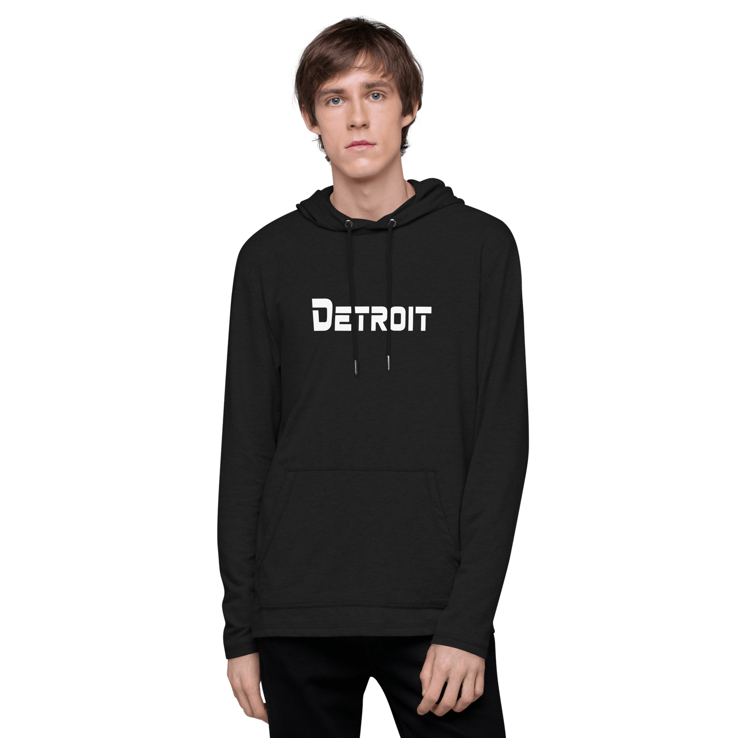 'Detroit' Lightweight Hoodie (White/Navy 1980s Sci-Fi Font) | Unisex - Circumspice Michigan