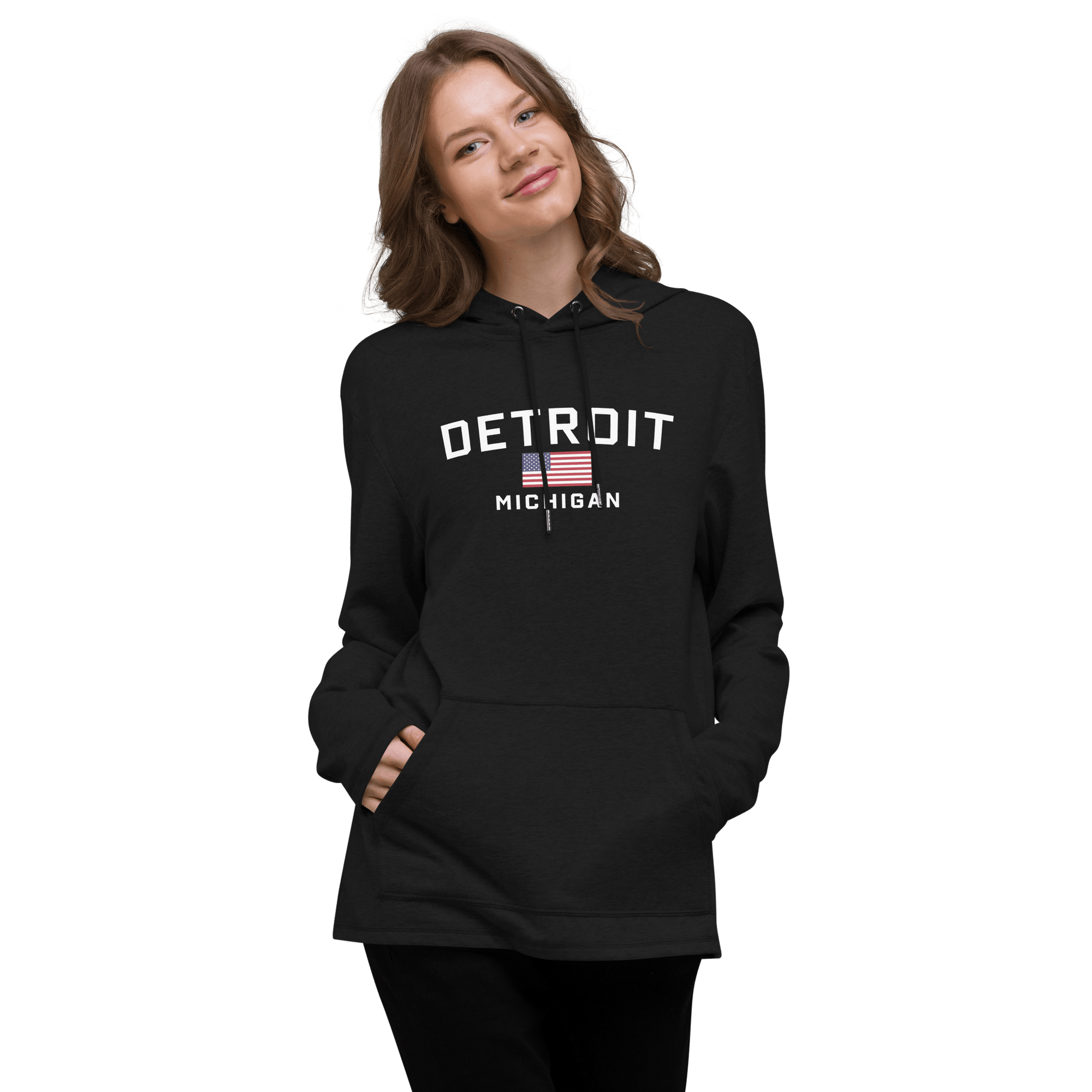 'Detroit Michigan' Lightweight Hoodie (w/ USA Flag) | Unisex - Circumspice Michigan