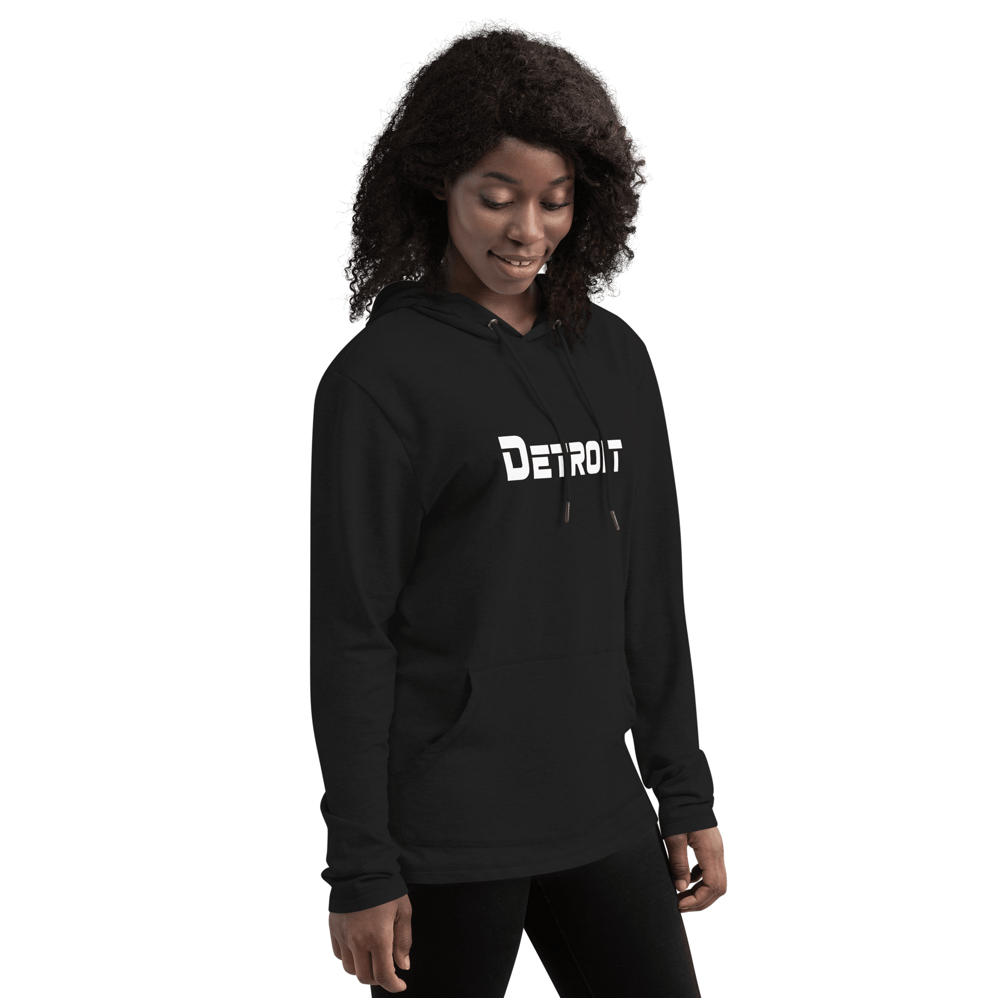 'Detroit' Lightweight Hoodie (White/Navy 1980s Sci-Fi Font) | Unisex - Circumspice Michigan