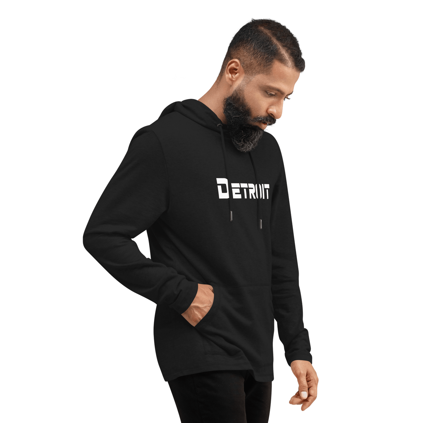 'Detroit' Lightweight Hoodie (White/Navy 1980s Sci-Fi Font) | Unisex - Circumspice Michigan