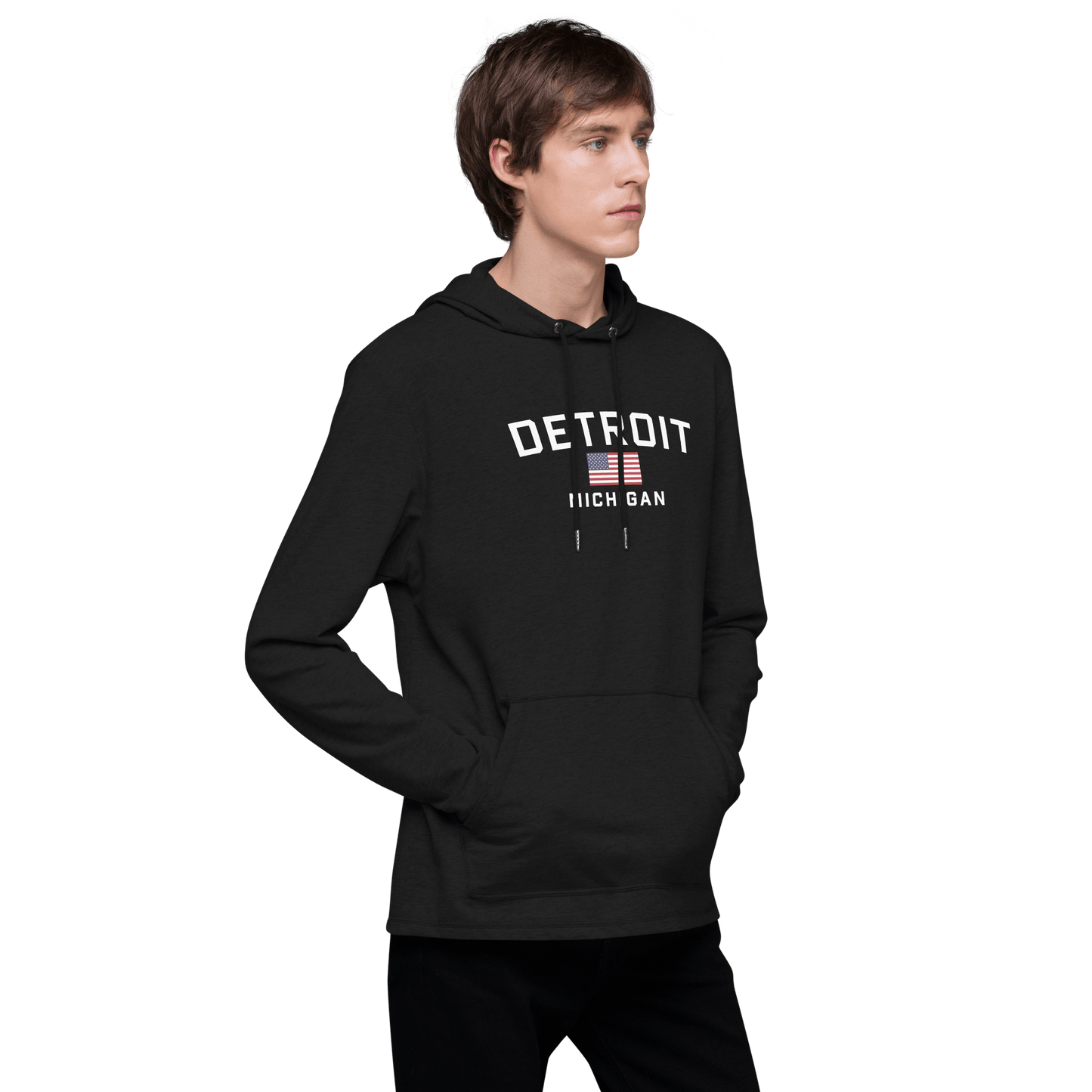 'Detroit Michigan' Lightweight Hoodie (w/ USA Flag) | Unisex - Circumspice Michigan