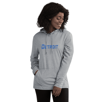 'Detroit' Lightweight Hoodie (Blue 1980s Sci-Fi Font) | Unisex - Circumspice Michigan