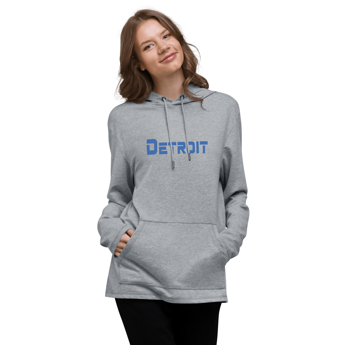 'Detroit' Lightweight Hoodie (Blue 1980s Sci-Fi Font) | Unisex - Circumspice Michigan