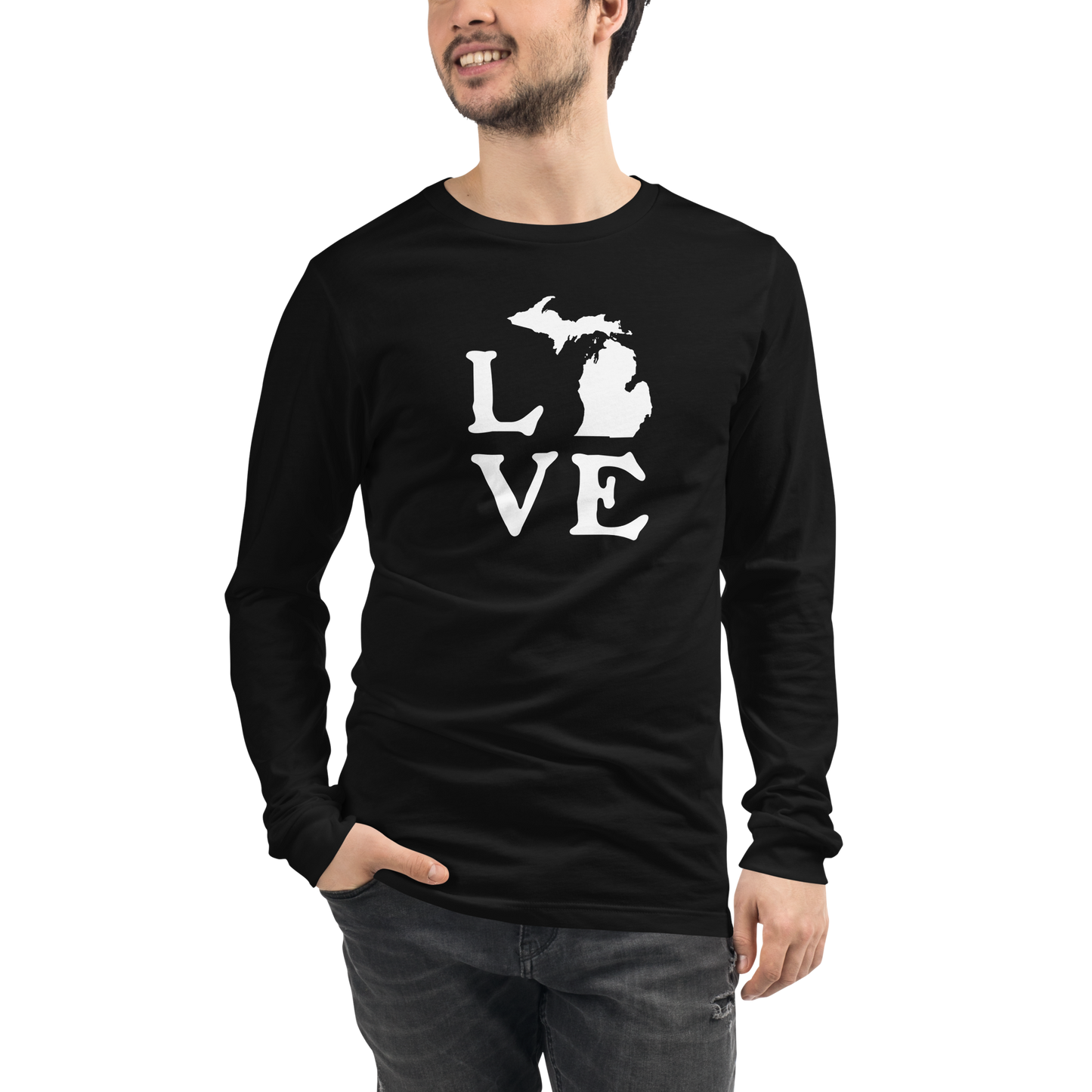 Michigan 'Love' T-Shirt (Woodcut Font) | Unisex Long Sleeve