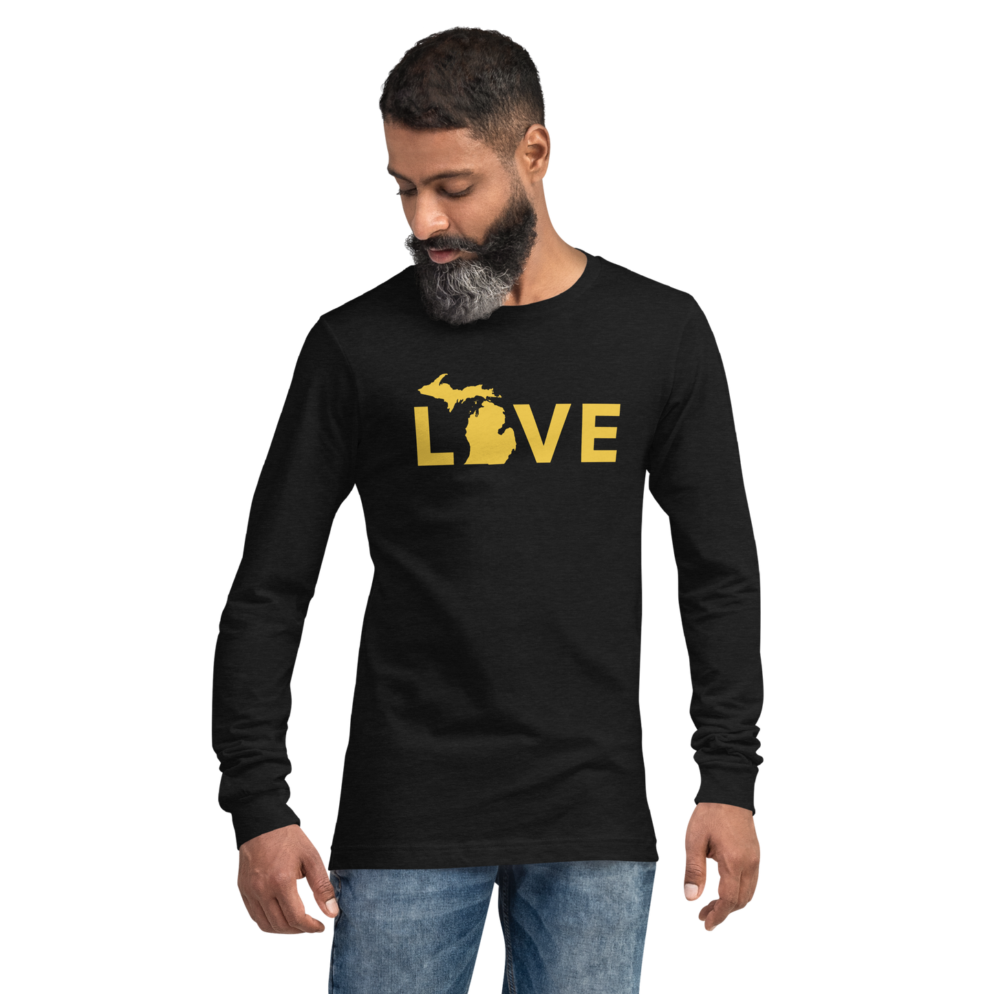 Michigan 'Love' T-Shirt (Geometric Sans Font - Gold/Navy) | Unisex Long Sleeve