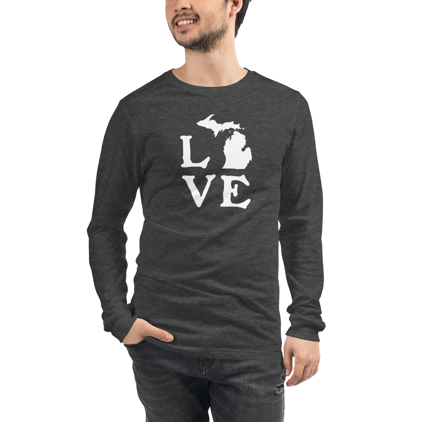 Michigan 'Love' T-Shirt (Woodcut Font) | Unisex Long Sleeve