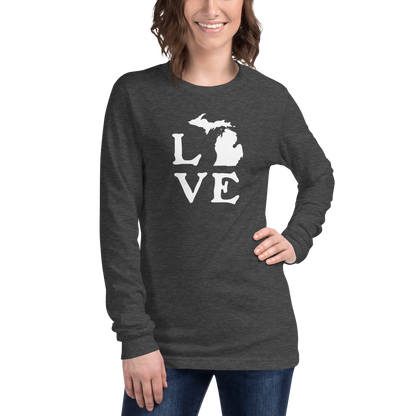 Michigan 'Love' T-Shirt (Woodcut Font) | Unisex Long Sleeve