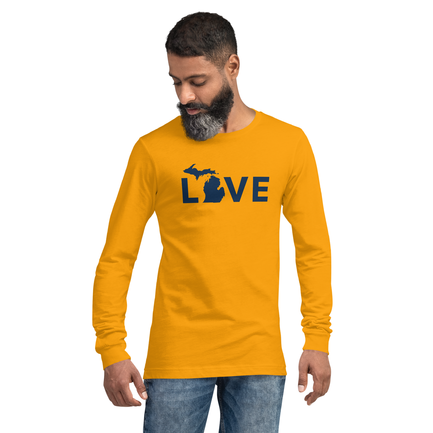 Michigan 'Love' T-Shirt (Geometric Sans Font - Gold/Navy) | Unisex Long Sleeve