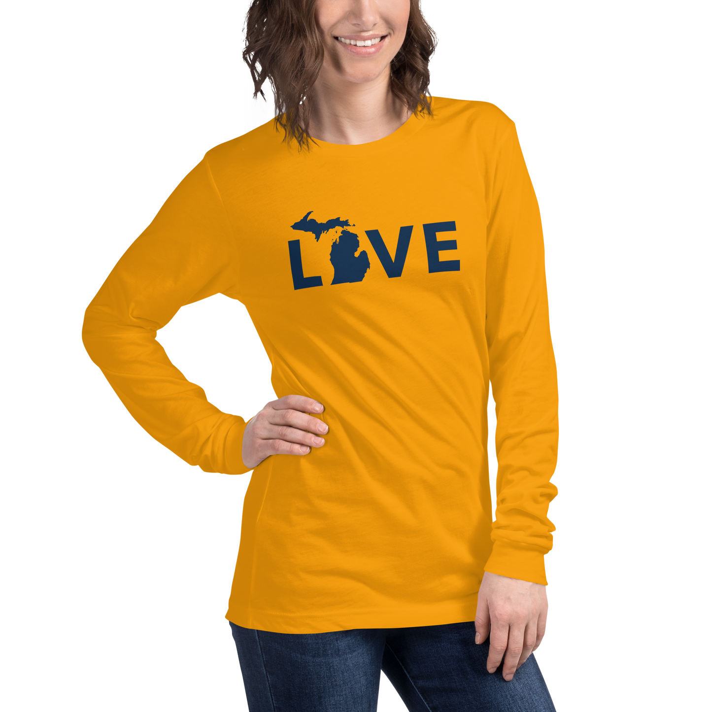 Michigan 'Love' T-Shirt (Geometric Sans Font - Gold/Navy) | Unisex Long Sleeve