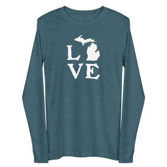 Michigan 'Love' T-Shirt (Woodcut Font) | Unisex Long Sleeve