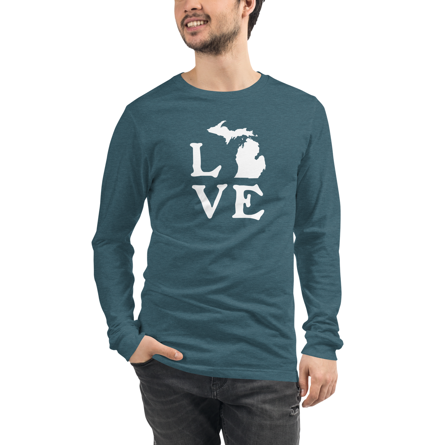 Michigan 'Love' T-Shirt (Woodcut Font) | Unisex Long Sleeve