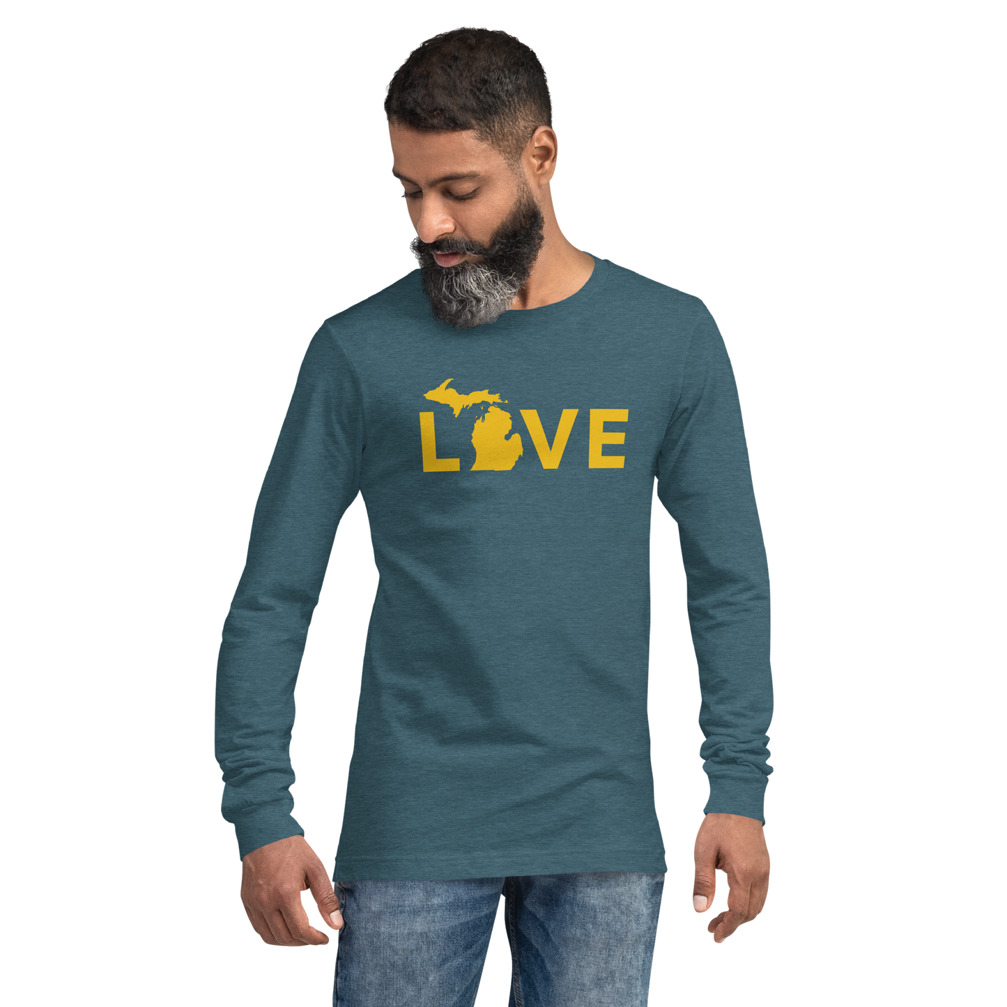 Michigan 'Love' T-Shirt (Geometric Sans Font - Gold/Navy) | Unisex Long Sleeve