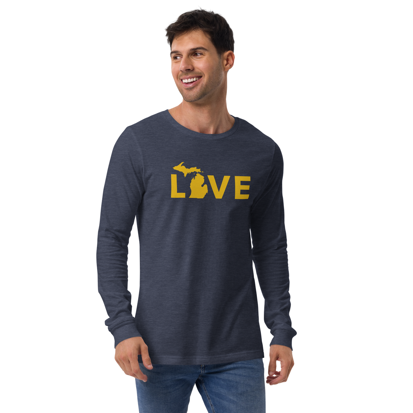 Michigan 'Love' T-Shirt (Geometric Sans Font - Gold/Navy) | Unisex Long Sleeve