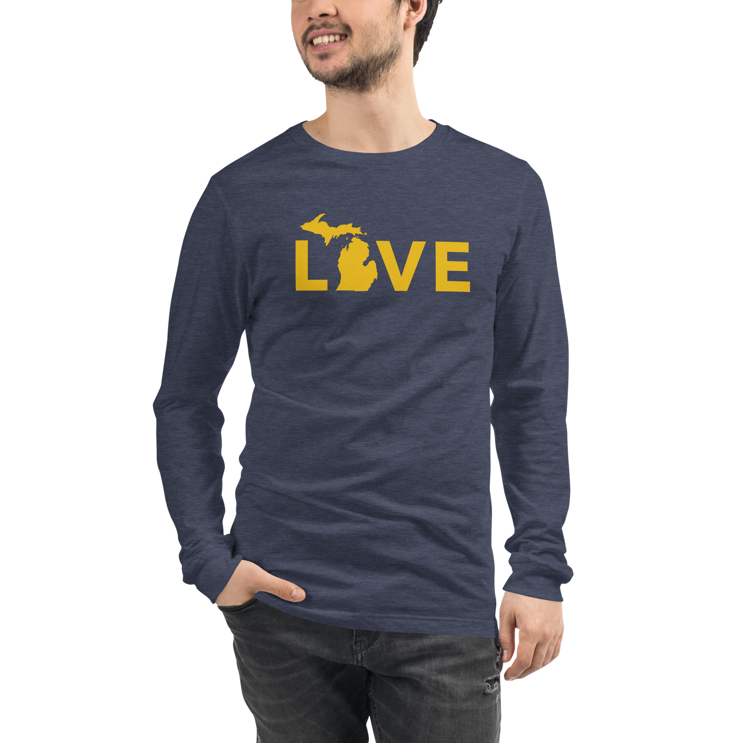 Michigan 'Love' T-Shirt (Geometric Sans Font - Gold/Navy) | Unisex Long Sleeve