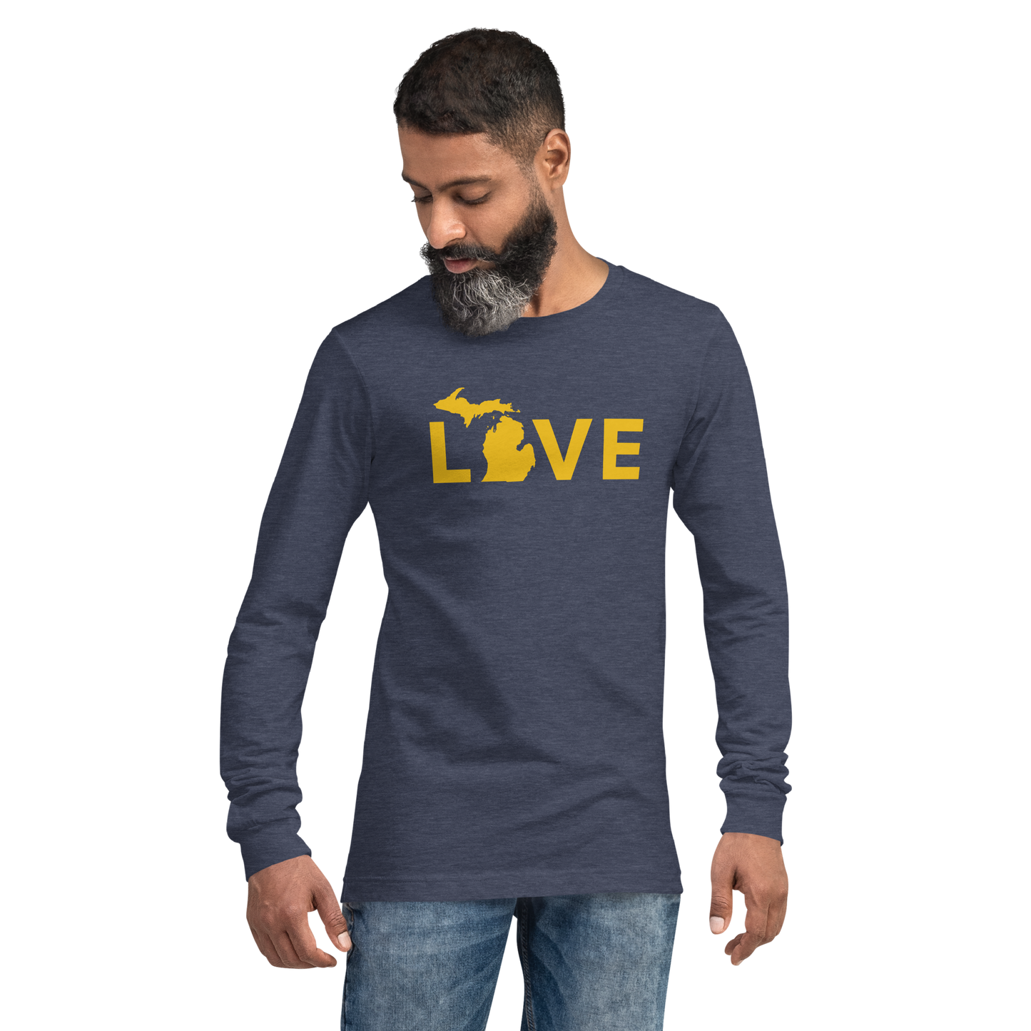 Michigan 'Love' T-Shirt (Geometric Sans Font - Gold/Navy) | Unisex Long Sleeve