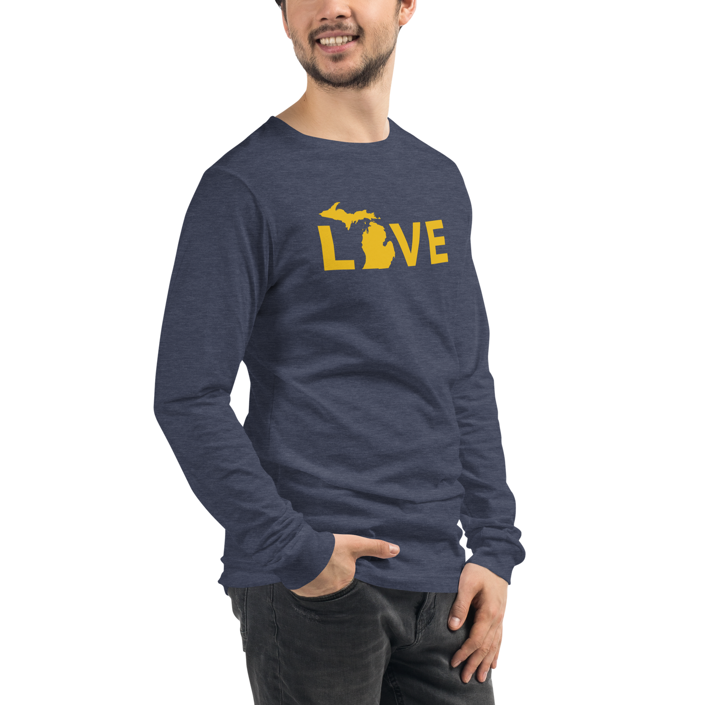 Michigan 'Love' T-Shirt (Geometric Sans Font - Gold/Navy) | Unisex Long Sleeve