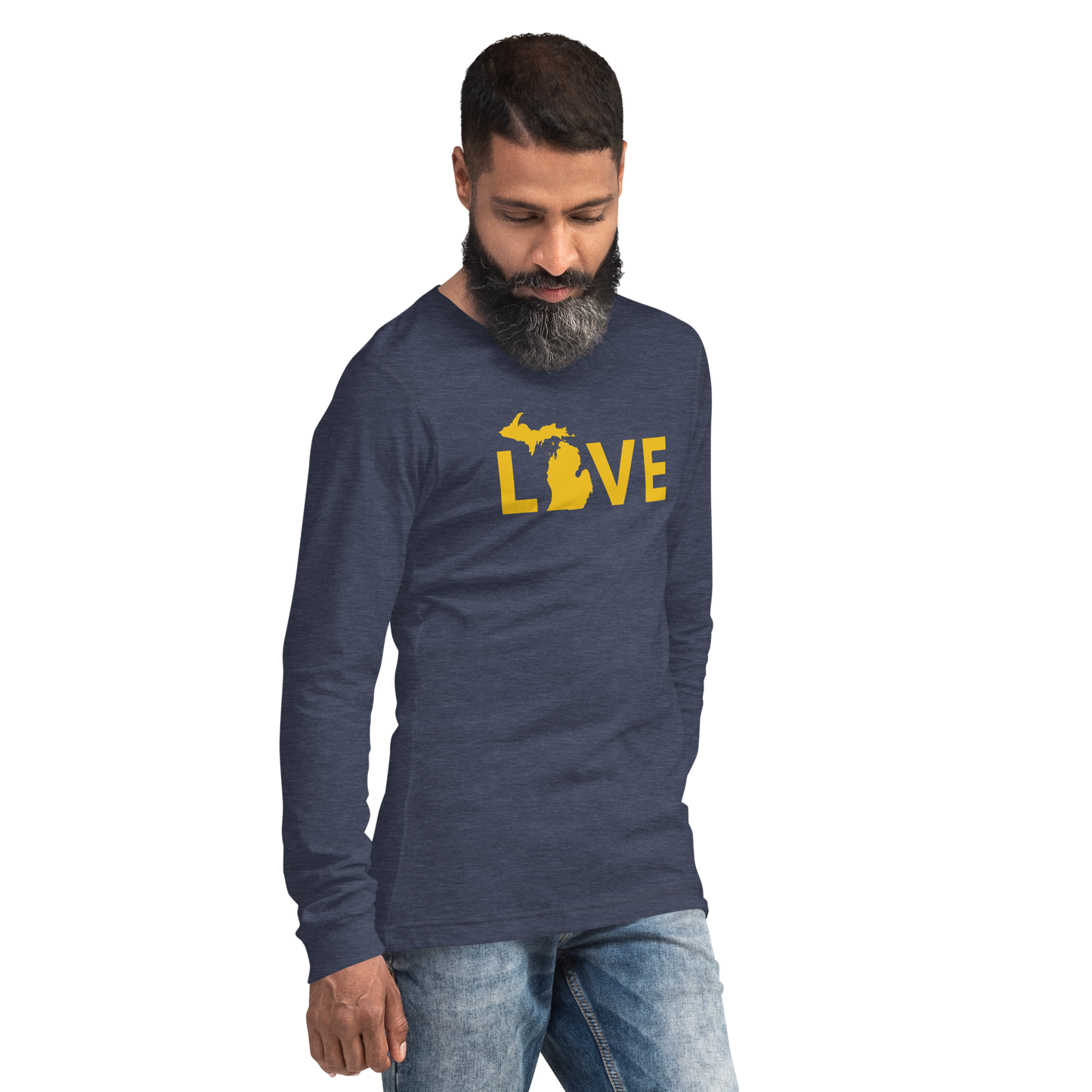 Michigan 'Love' T-Shirt (Geometric Sans Font - Gold/Navy) | Unisex Long Sleeve