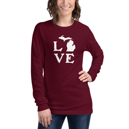 Michigan 'Love' T-Shirt (Woodcut Font) | Unisex Long Sleeve