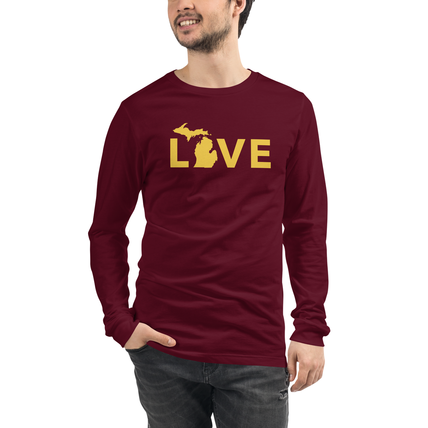 Michigan 'Love' T-Shirt (Geometric Sans Font - Gold/Navy) | Unisex Long Sleeve