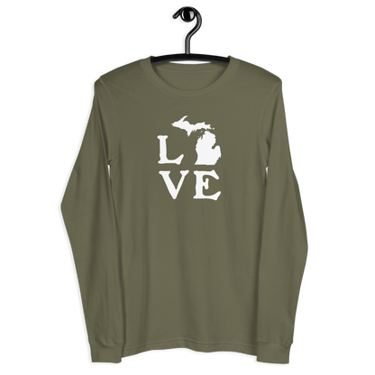 Michigan 'Love' T-Shirt (Woodcut Font) | Unisex Long Sleeve