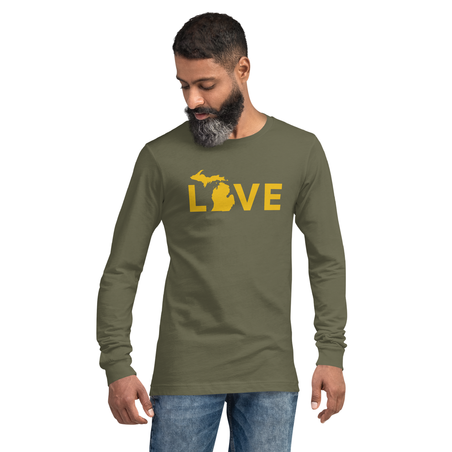 Michigan 'Love' T-Shirt (Geometric Sans Font - Gold/Navy) | Unisex Long Sleeve