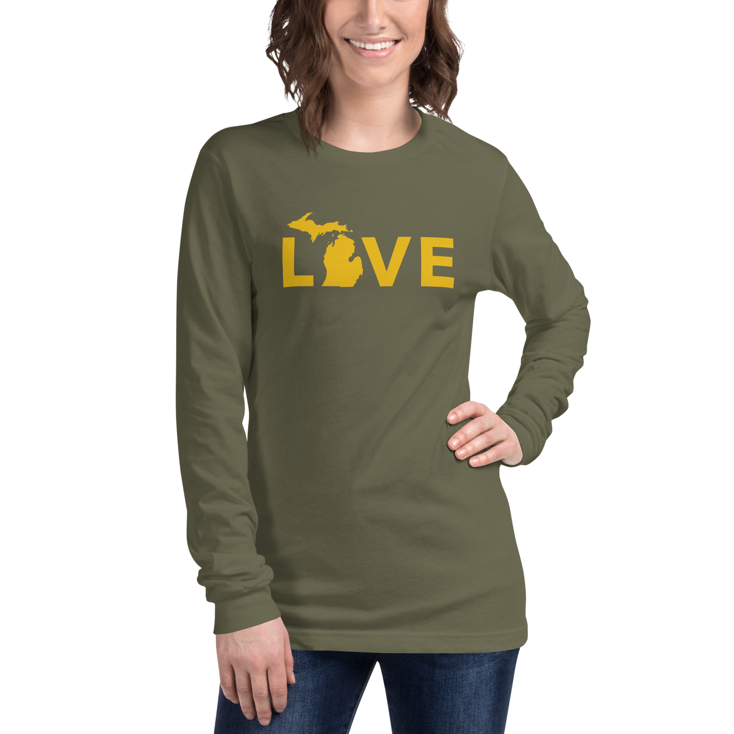 Michigan 'Love' T-Shirt (Geometric Sans Font - Gold/Navy) | Unisex Long Sleeve