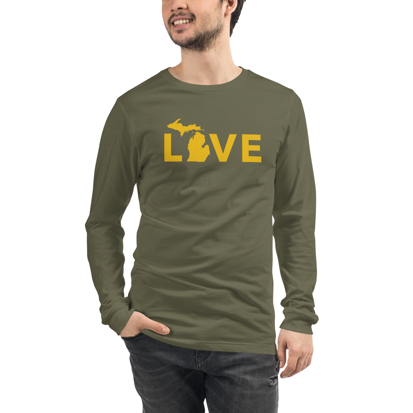 Michigan 'Love' T-Shirt (Geometric Sans Font - Gold/Navy) | Unisex Long Sleeve