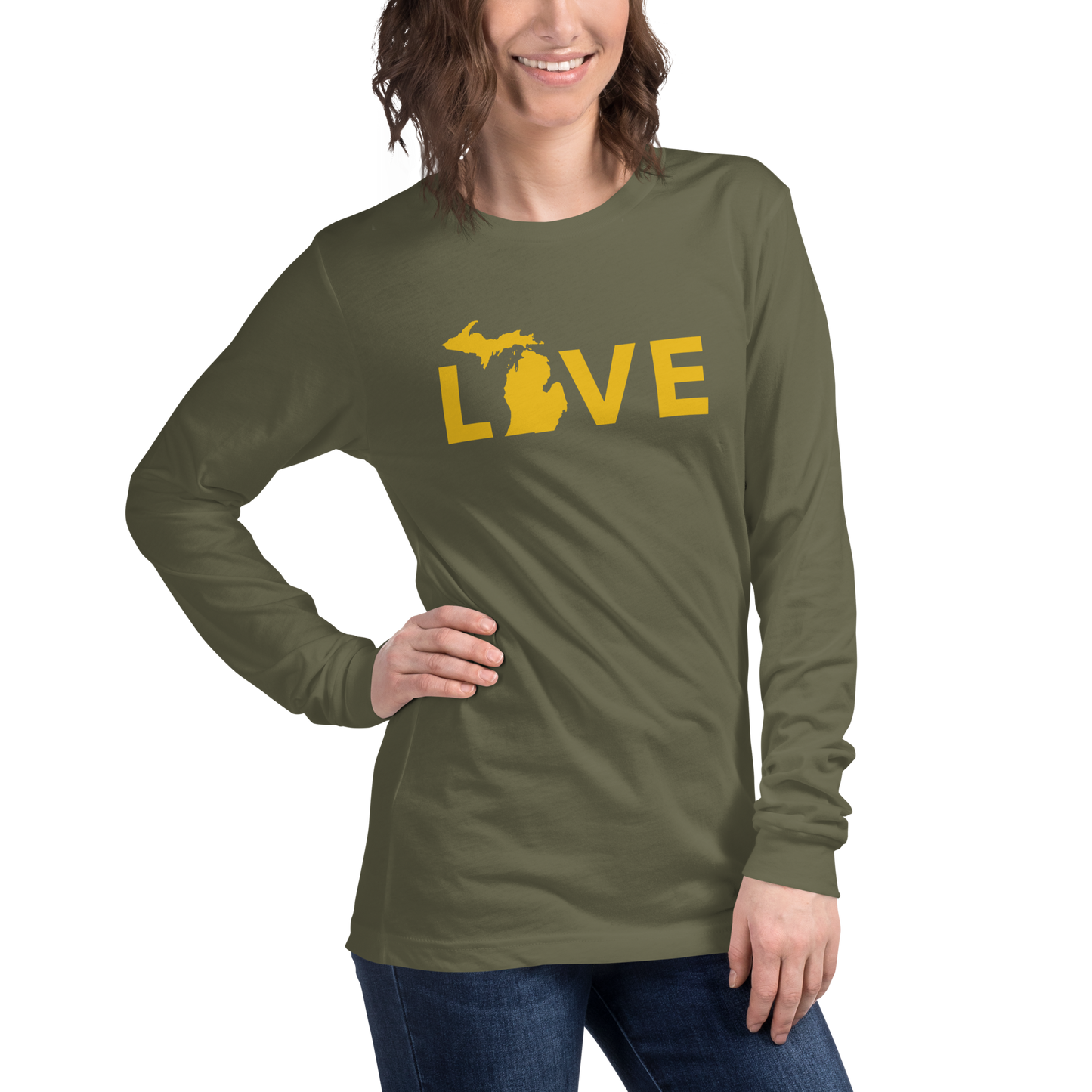 Michigan 'Love' T-Shirt (Geometric Sans Font - Gold/Navy) | Unisex Long Sleeve