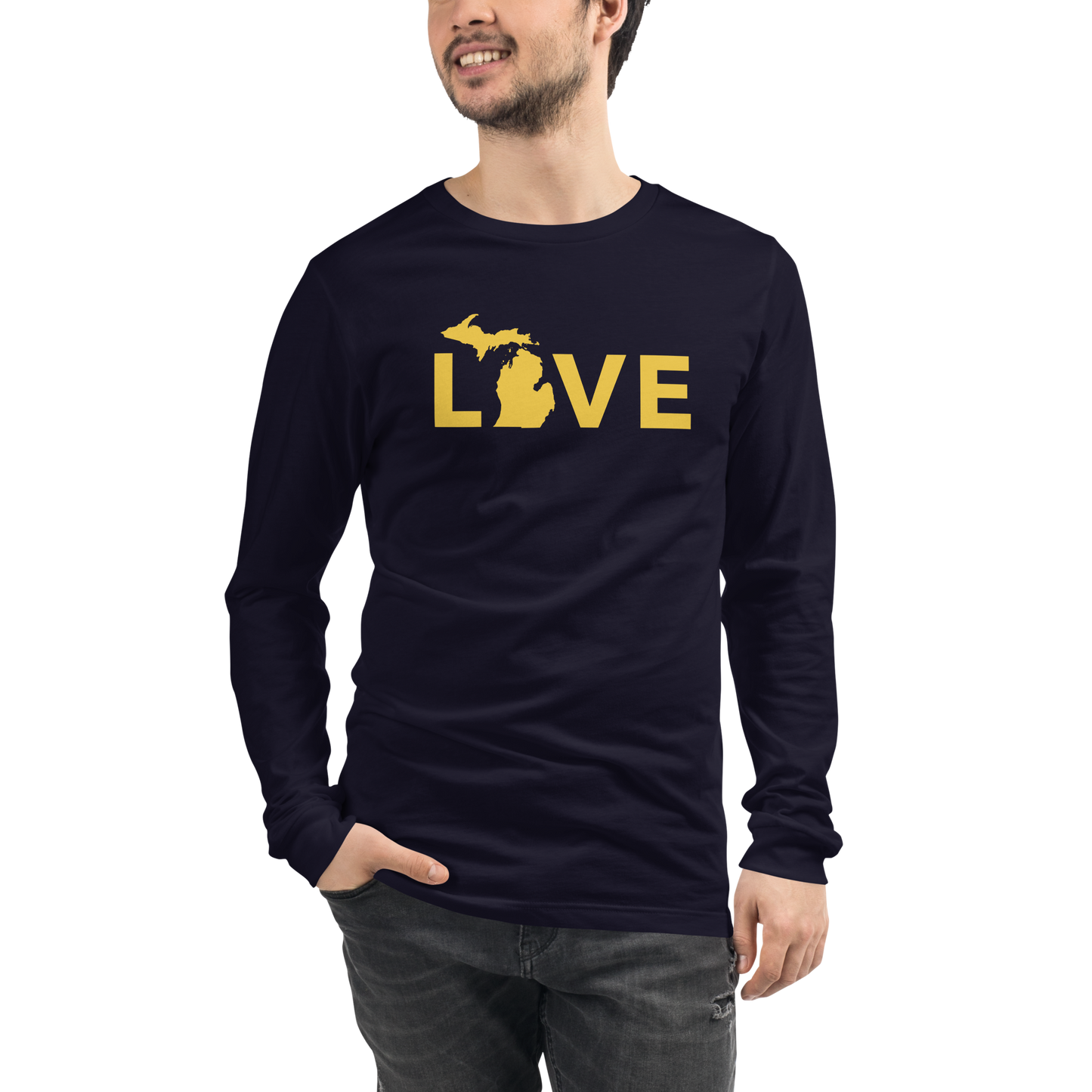 Michigan 'Love' T-Shirt (Geometric Sans Font - Gold/Navy) | Unisex Long Sleeve