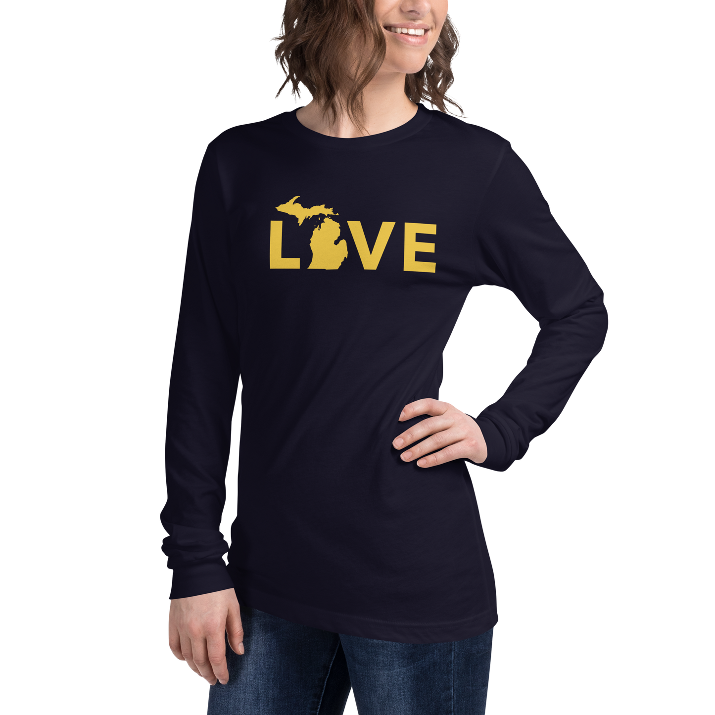 Michigan 'Love' T-Shirt (Geometric Sans Font - Gold/Navy) | Unisex Long Sleeve