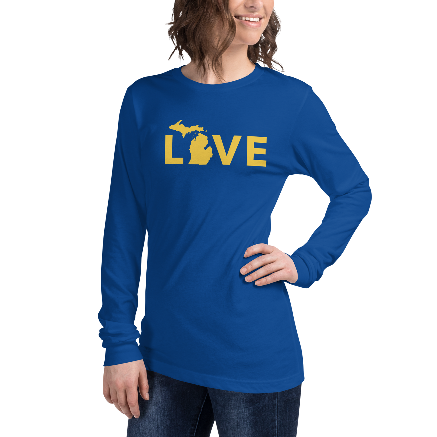 Michigan 'Love' T-Shirt (Geometric Sans Font - Gold/Navy) | Unisex Long Sleeve