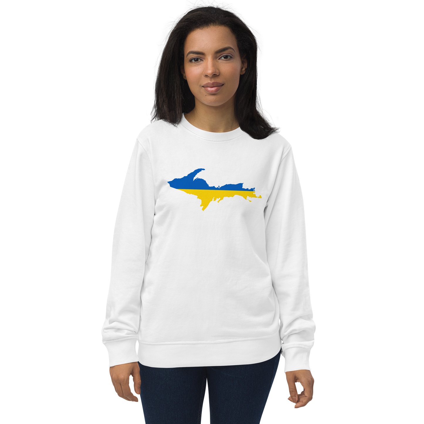 Michigan Upper Peninsula Sweatshirt (w/ Ukraine Flag Outline) | Unisex Organic