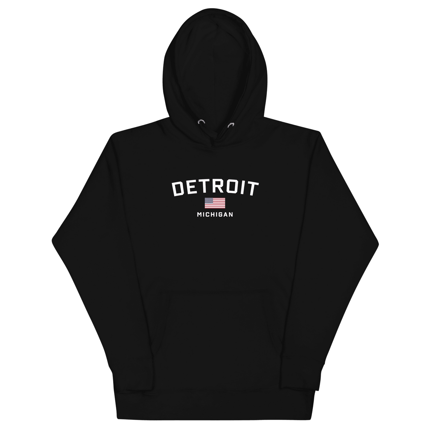 'Detroit Michigan' Hoodie (White/Navy w/ USA Flag) | Unisex Premium - Circumspice Michigan