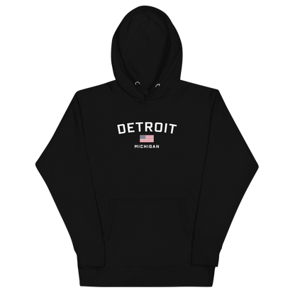 'Detroit Michigan' Hoodie (White/Navy w/ USA Flag) | Unisex Premium - Circumspice Michigan