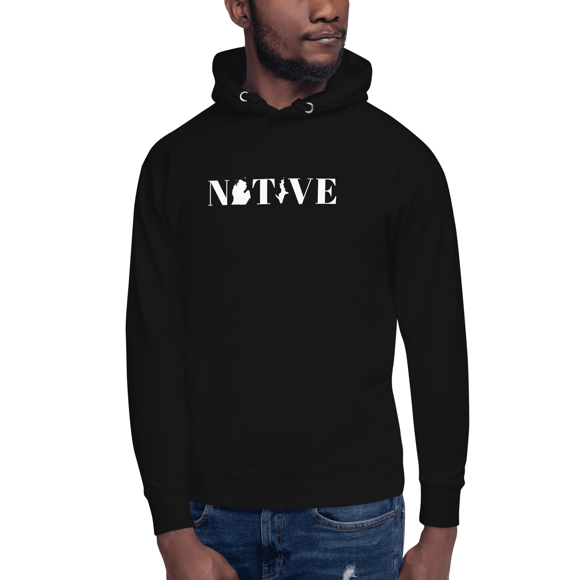 Michigan 'Native' Hoodie (White/Navy Didone Font) | Unisex Premium - Circumspice Michigan