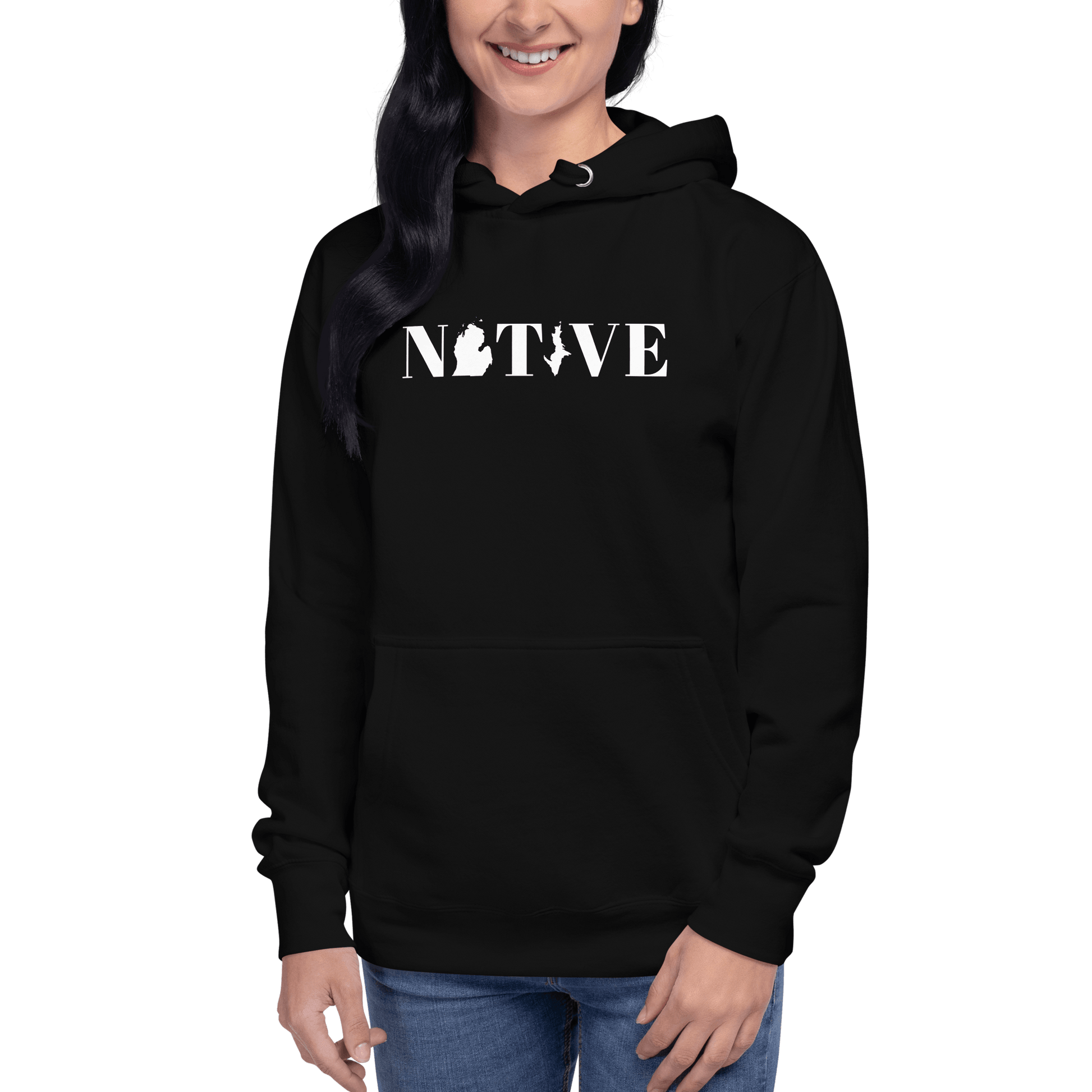 Michigan 'Native' Hoodie (White/Navy Didone Font) | Unisex Premium - Circumspice Michigan