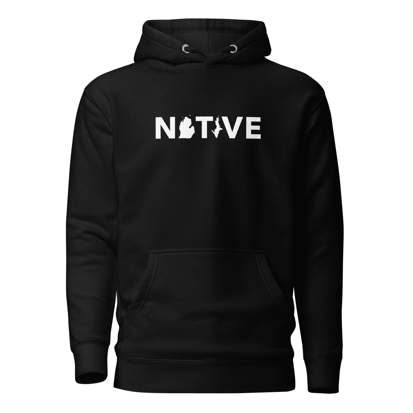 Michigan 'Native' Hoodie (White/Navy Geometric Sans Font) | Unisex Premium - Circumspice Michigan