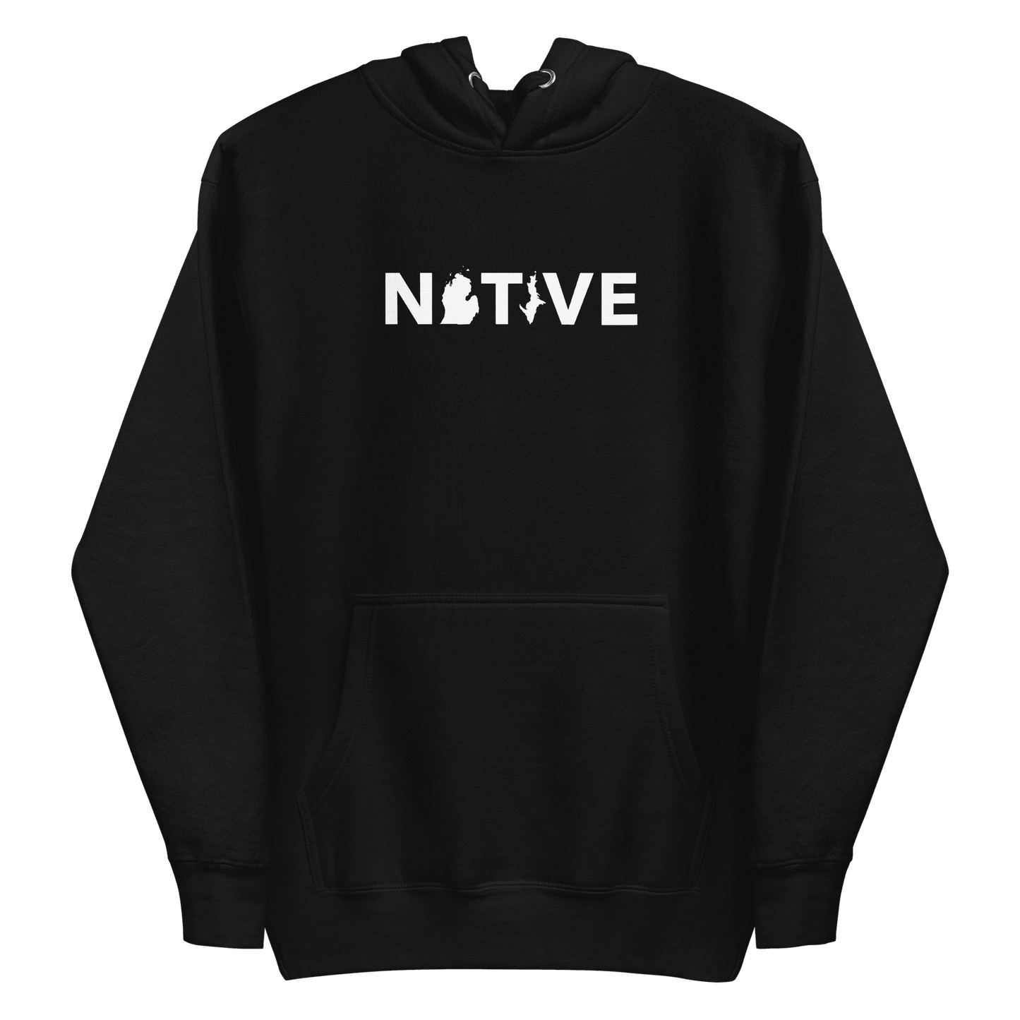 Michigan 'Native' Hoodie (White/Navy Geometric Sans Font) | Unisex Premium - Circumspice Michigan