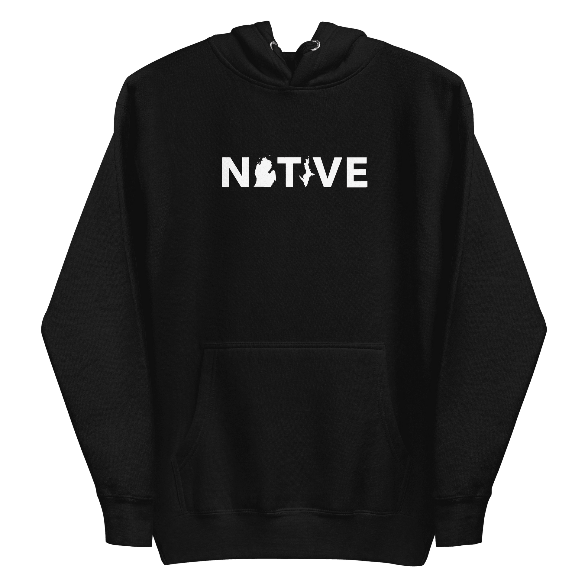 Michigan 'Native' Hoodie (White/Navy Geometric Sans Font) | Unisex Premium - Circumspice Michigan