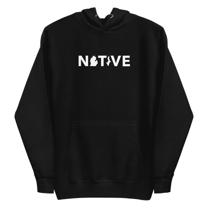 Michigan 'Native' Hoodie (White/Navy Geometric Sans Font) | Unisex Premium - Circumspice Michigan