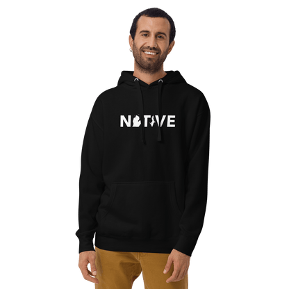 Michigan 'Native' Hoodie (White/Navy Geometric Sans Font) | Unisex Premium - Circumspice Michigan