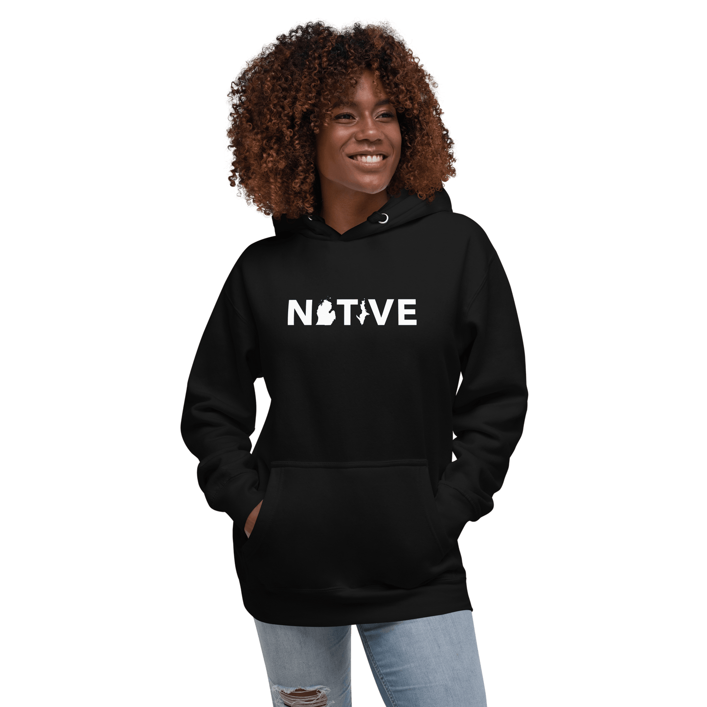 Michigan 'Native' Hoodie (White/Navy Geometric Sans Font) | Unisex Premium - Circumspice Michigan