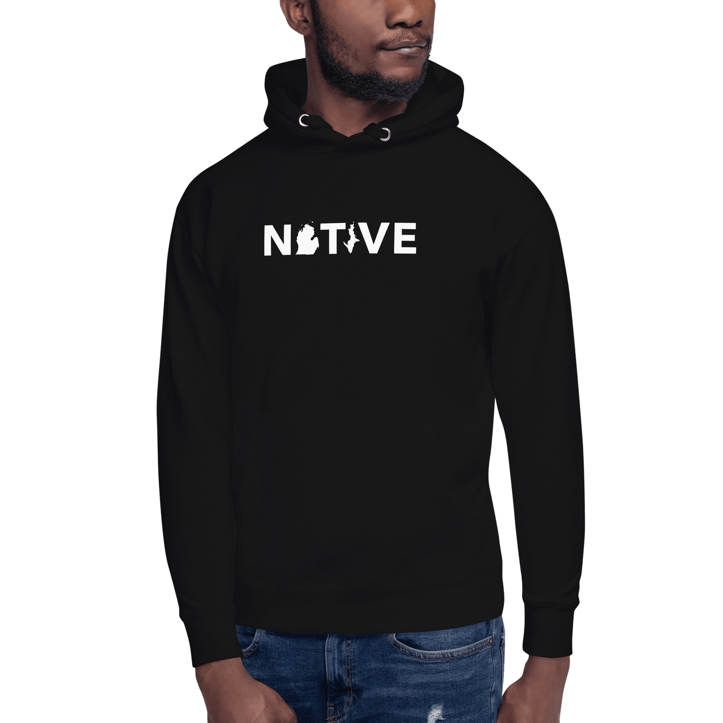 Michigan 'Native' Hoodie (White/Navy Geometric Sans Font) | Unisex Premium - Circumspice Michigan