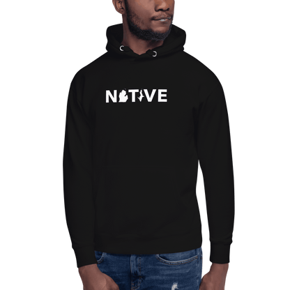 Michigan 'Native' Hoodie (White/Navy Geometric Sans Font) | Unisex Premium - Circumspice Michigan