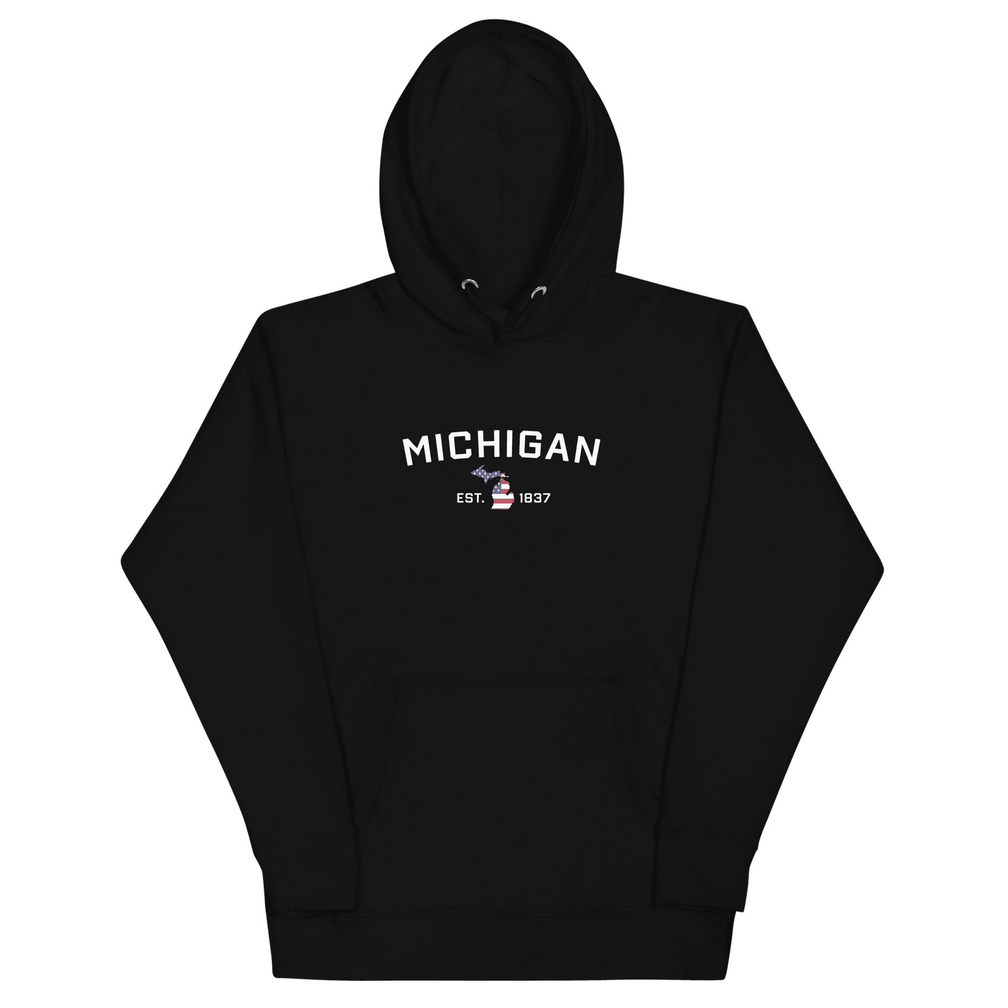 'Michigan EST 1837' Hoodie (w/ USA Flag MI Outline) | Unisex Premium - Circumspice Michigan