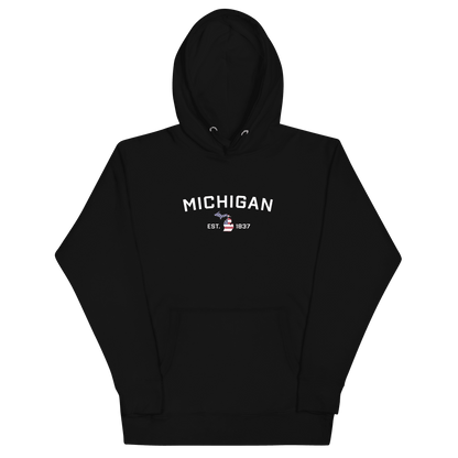 'Michigan EST 1837' Hoodie (w/ USA Flag MI Outline) | Unisex Premium - Circumspice Michigan